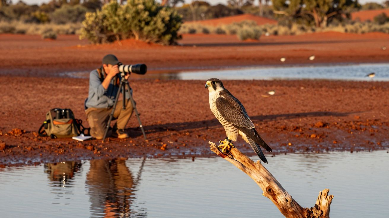 Falcão posado num tronco junto à água, com fotógrafo a focar na ave ao fundo numa paisagem árida.