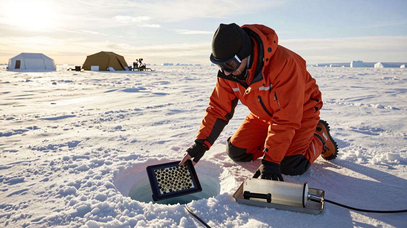 Pessoa em roupa de inverno laranja recolhe amostra através de buraco no gelo numa paisagem nevada com tendas ao fundo.