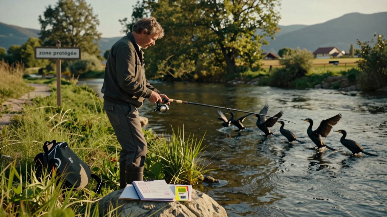 Homem a pescar numa margem de rio com aves pretas pousadas na água e vegetação ao redor.