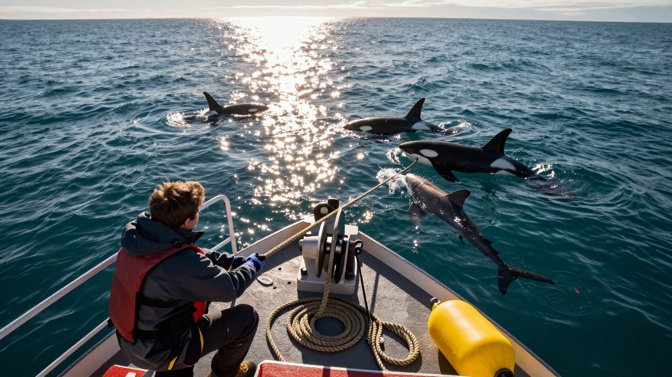 Pessoa a alimentar orcas no mar a partir de um barco durante o pôr do sol.