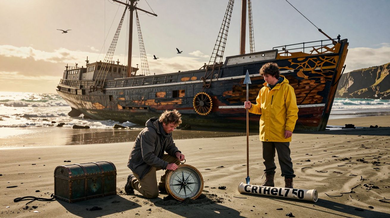 Dois homens com equipamentos náuticos ao lado de um navio antigo encalhado numa praia ao pôr do sol.