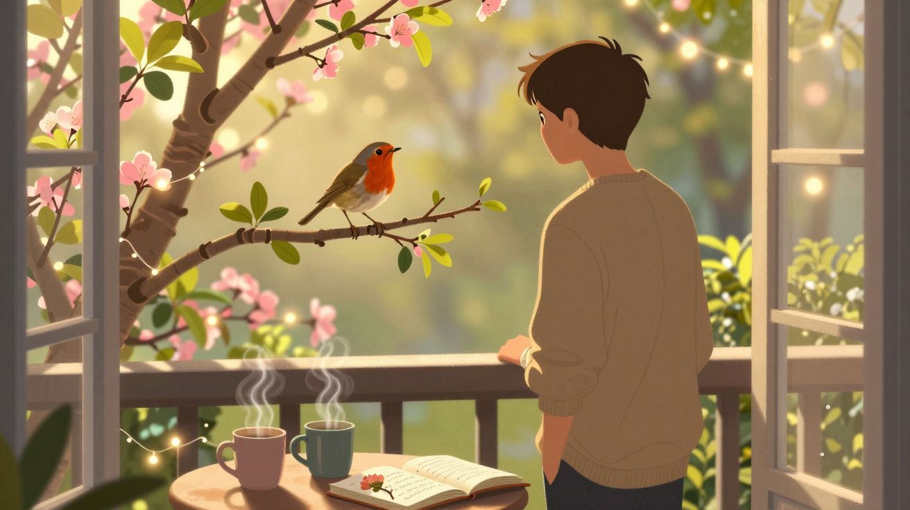 Rapaz observa um pássaro num galho florido, numa varanda com duas chávenas de chá e um livro aberto.