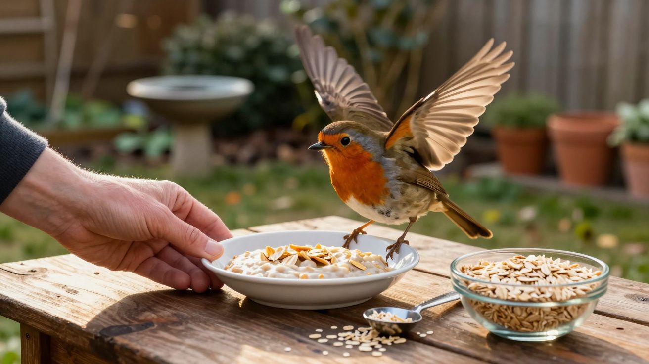 Pássaro com asas abertas pousando num prato com sementes, próximo de mão humana e tigela de sementes numa mesa de madeira.