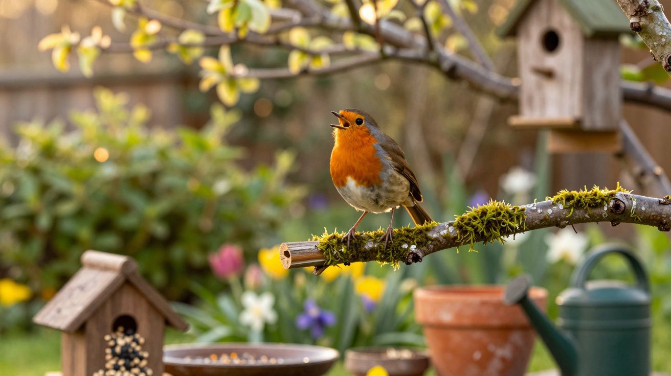 Pisco-de-peito-ruivo cantando pousado num ramo coberto de musgo num jardim com flores e comedouros.