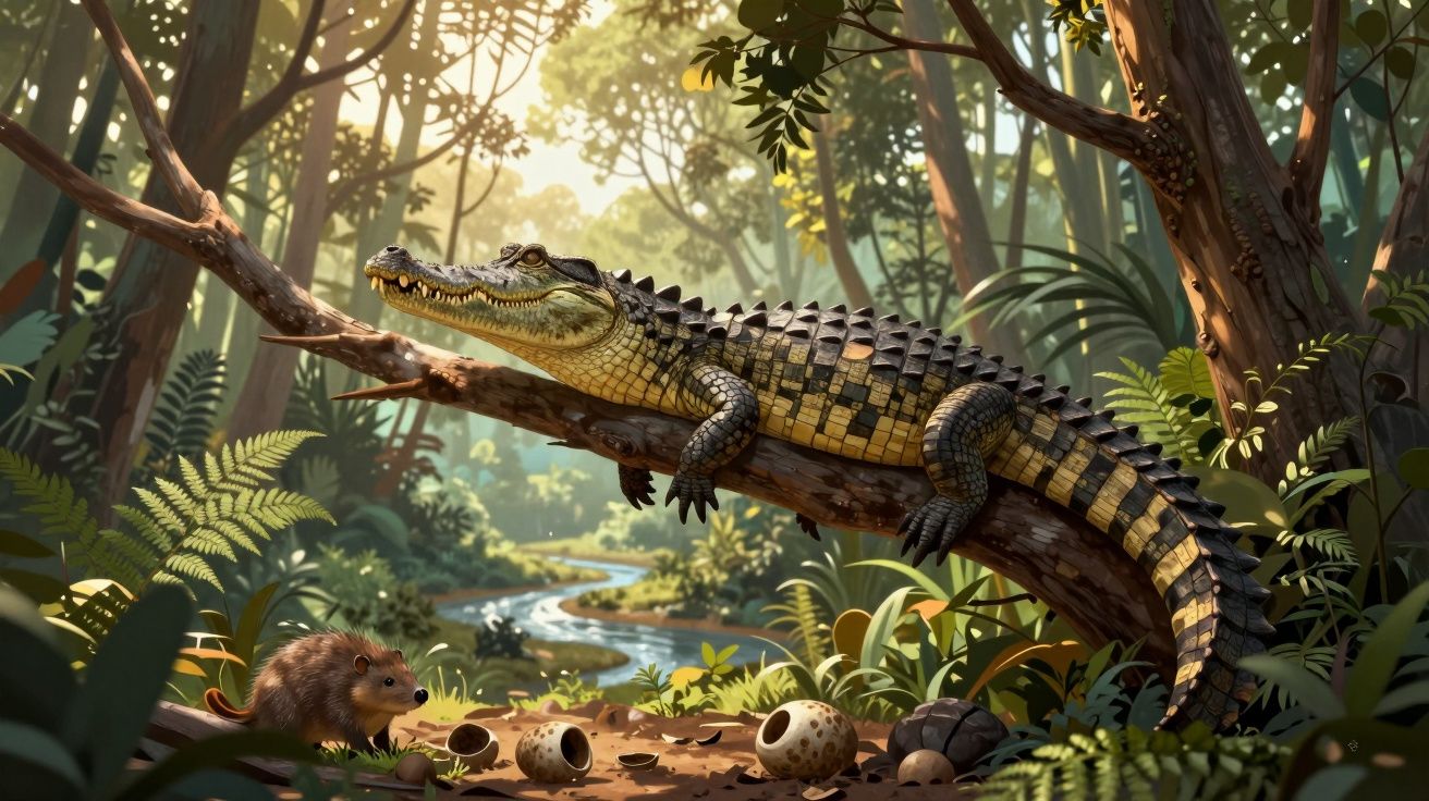 Jacaré descansando num tronco numa floresta com pequenos ovos e um rato no chão.