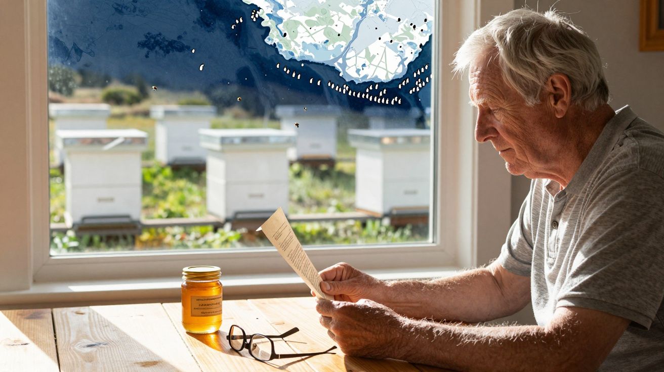 Homem idoso sentado a ler papel com frascos de mel e colmeias visíveis pela janela.