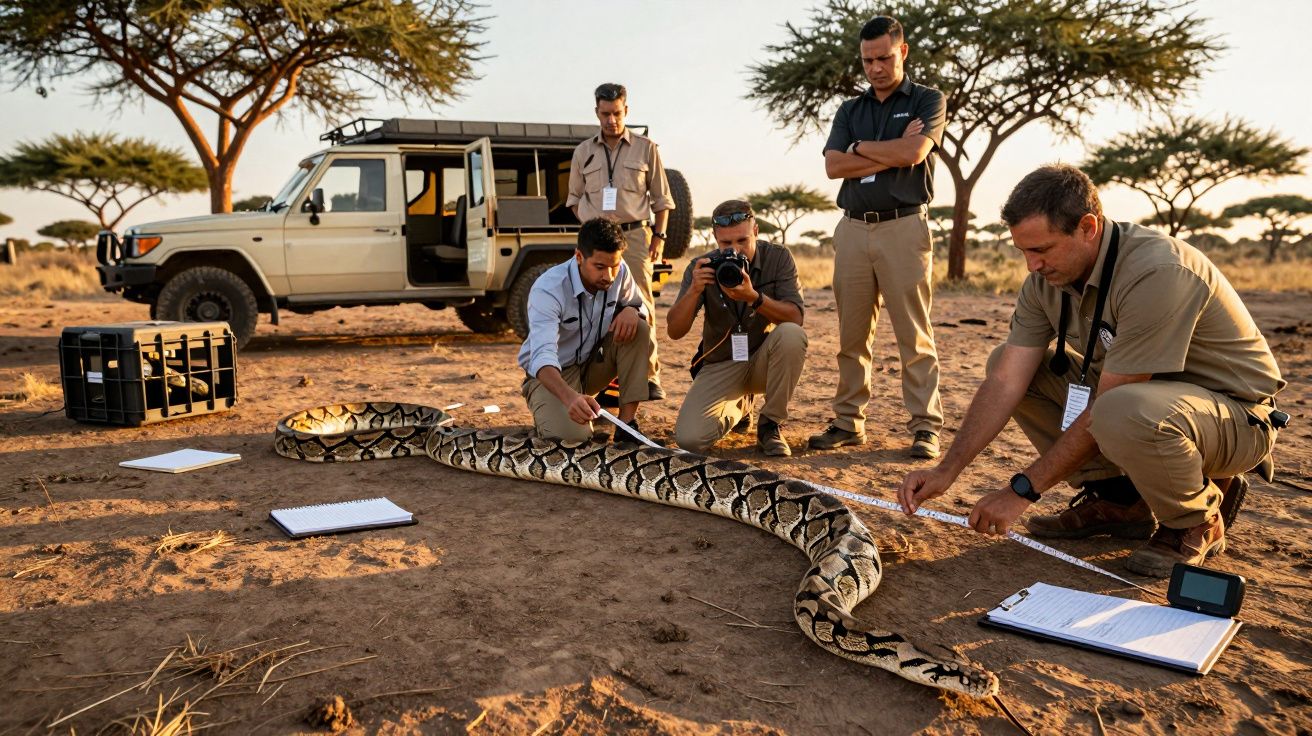 Cinco homens medem uma grande píton no solo seco, ao lado de um jipe branco e árvores esparsas.