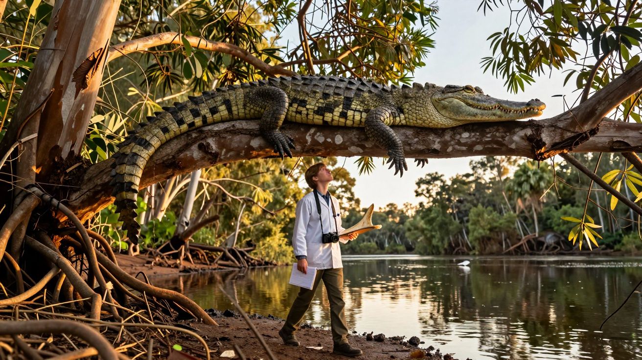 Homem com câmara observa crocodilo deitado numa árvore junto a rio rodeado de vegetação.
