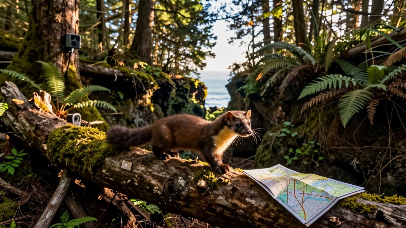 Marta-peco sobre tronco coberto de musgo numa floresta com mapa aberto e mar ao fundo.