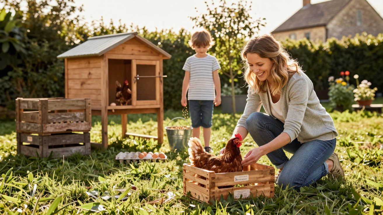 Mulher e menino no jardim com galinheiro, a cuidar de uma galinha e os ovos.