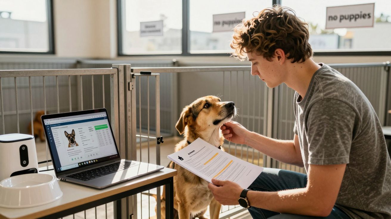 Homem numa clínica veterinária a examinar um cão enquanto consulta dados num computador portátil.