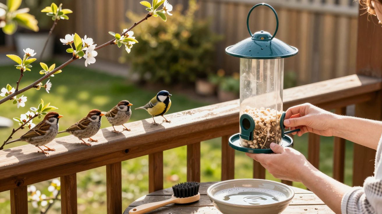 Personagem a encher comedouro de aves com sementes na varanda, quatro pardais alinhados no corrimão de madeira.