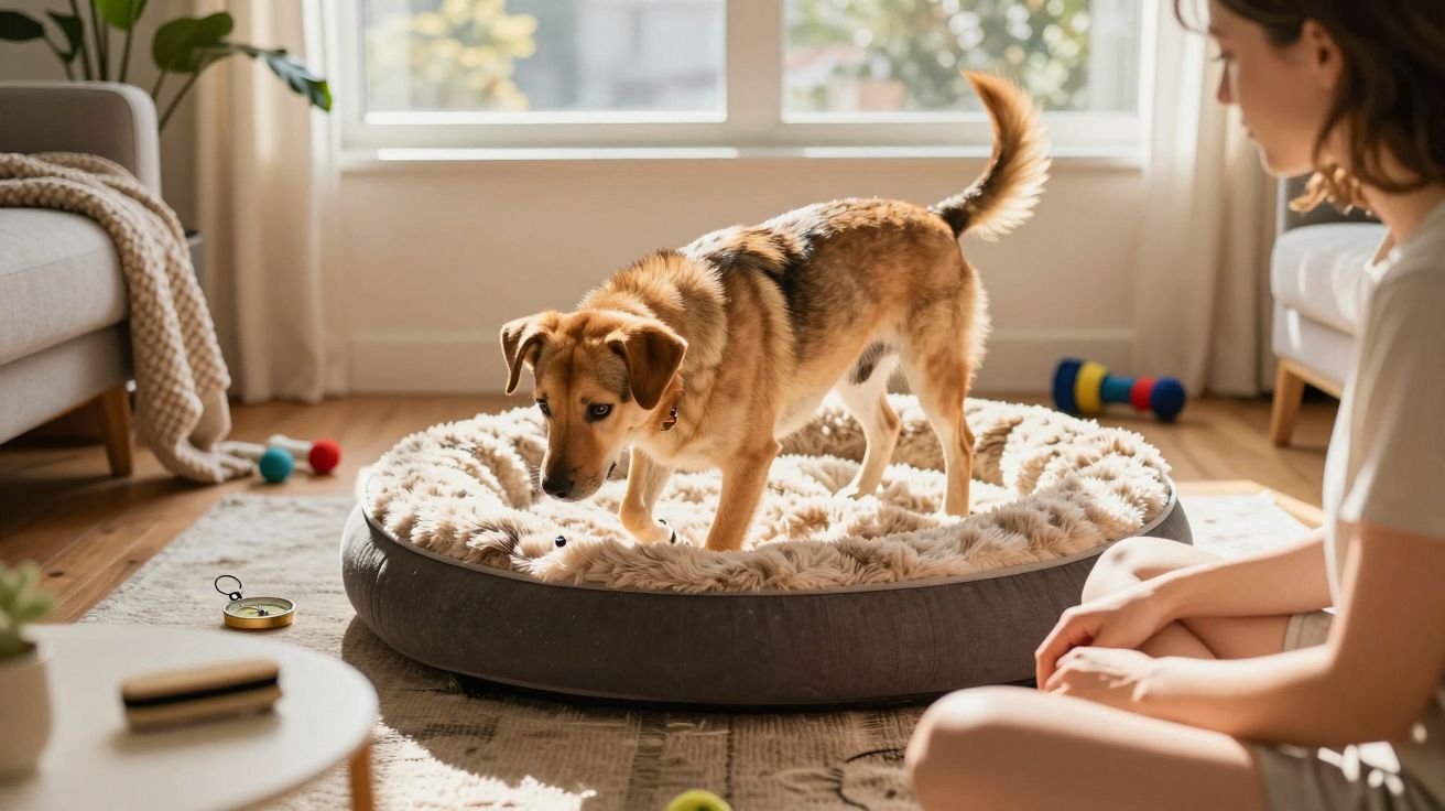 Cão castanho numa cama macia dentro de uma sala iluminada, com mulher sentada no chão observando-o.