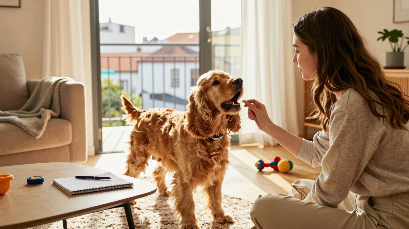 Mulher alimentar cão castanho dentro de uma sala iluminada com móveis simples e varanda ao fundo.