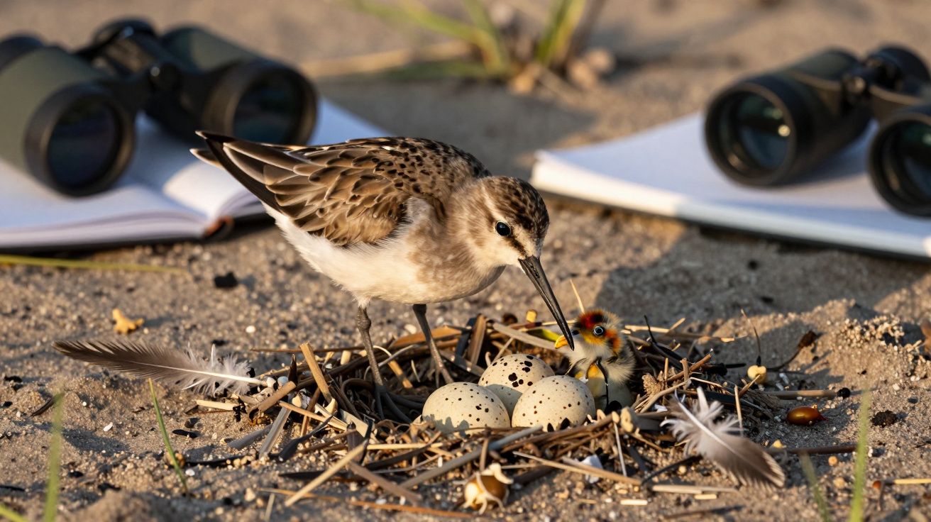 Pássaro adulto com filhote e ovos num ninho no chão, com binóculos e caderno desfocados ao fundo.