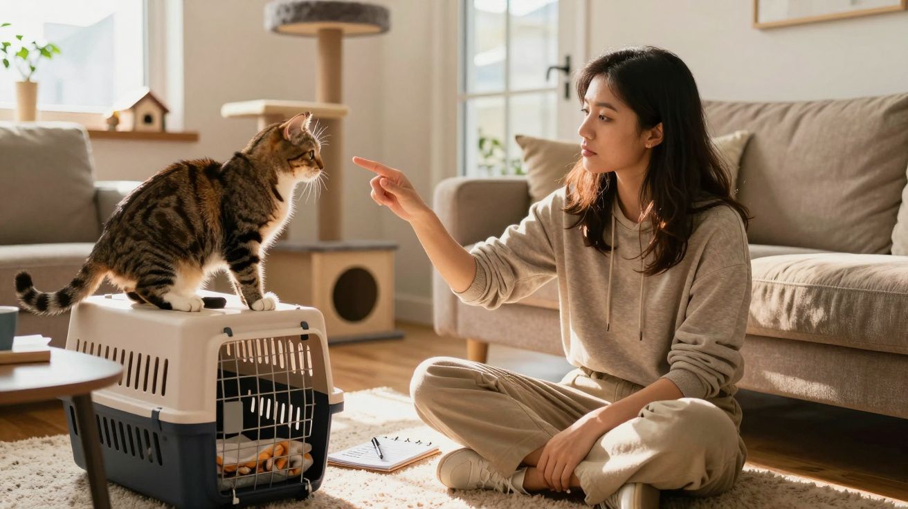 Mulher sentada na sala a apontar para gato que está em cima de transportadora de animais.