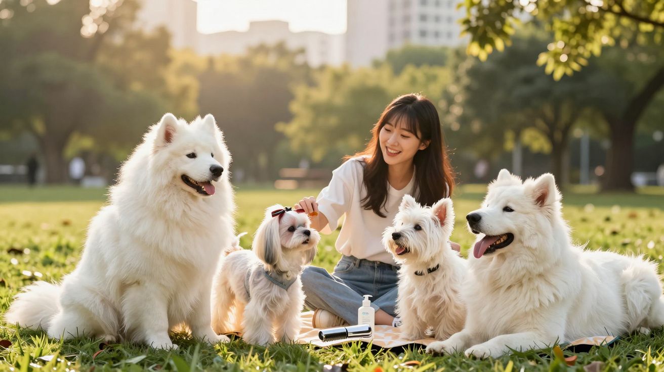 Mulher feliz sentada no parque com quatro cães pequenos e grandes num dia soalheiro.