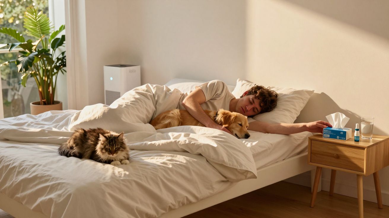 Pessoa a descansar na cama com cão e gato, ao lado de uma mesa com lenços e medicamentos.