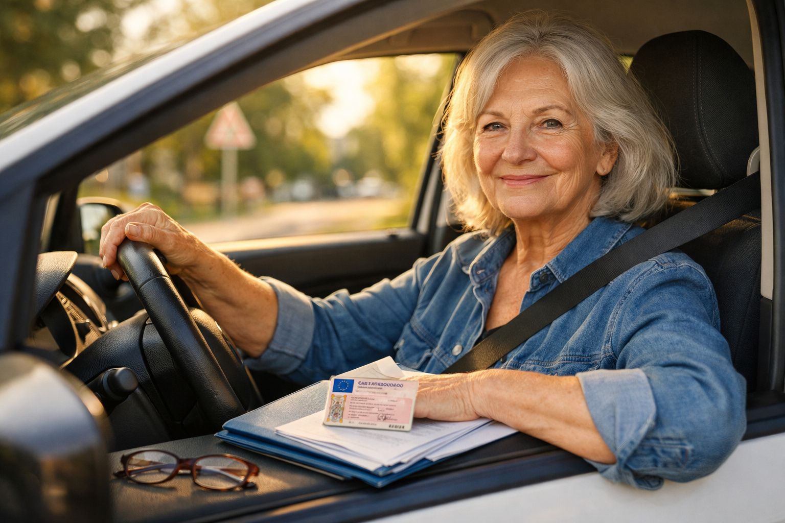 Mulher idosa sorridente sentada ao volante de carro, mostrando carta de condução e documentos.