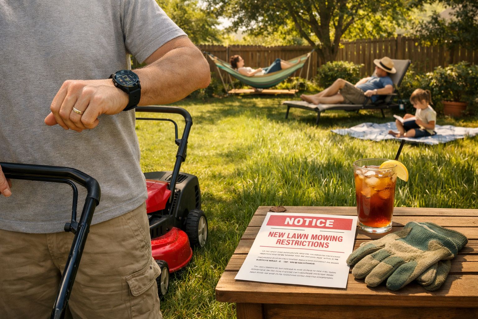 Pessoa a cortar relva com cortador, enquanto família descansa no jardim ao fundo e aviso de restrições visível.