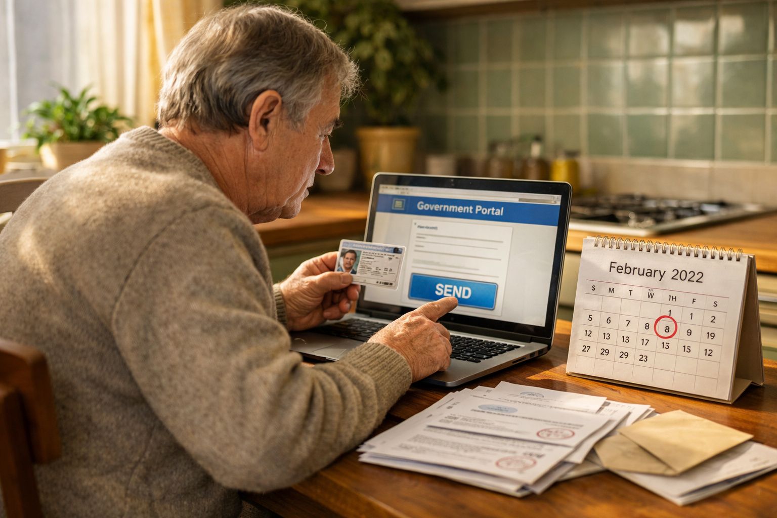 Homem sénior a enviar dados no portal do governo a partir de computador, com documento e calendário à mesa.